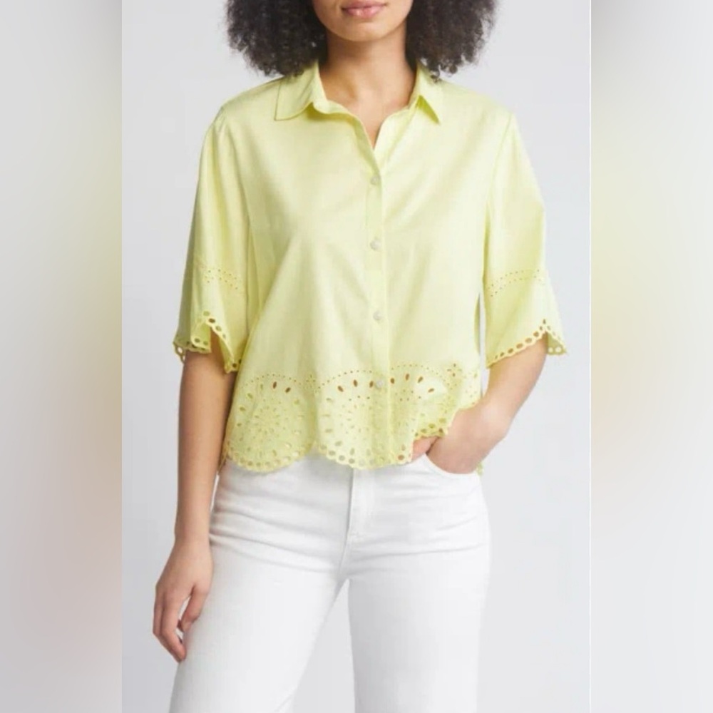 Beachlunchlounge Eyelet Border Acid Yellow Button-up Shirt size S - Picture 1 of 13